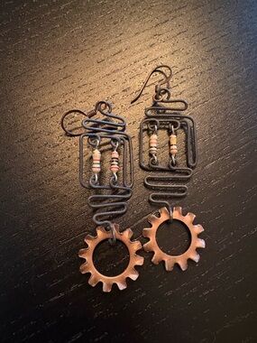 Steampunk Gear & Resistor Dangle Earrings – Handmade Industrial Style